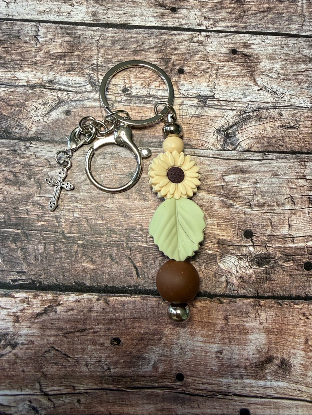 Handmade Sunflower Leaf Bead Keychain - Yellow, Green & Brown